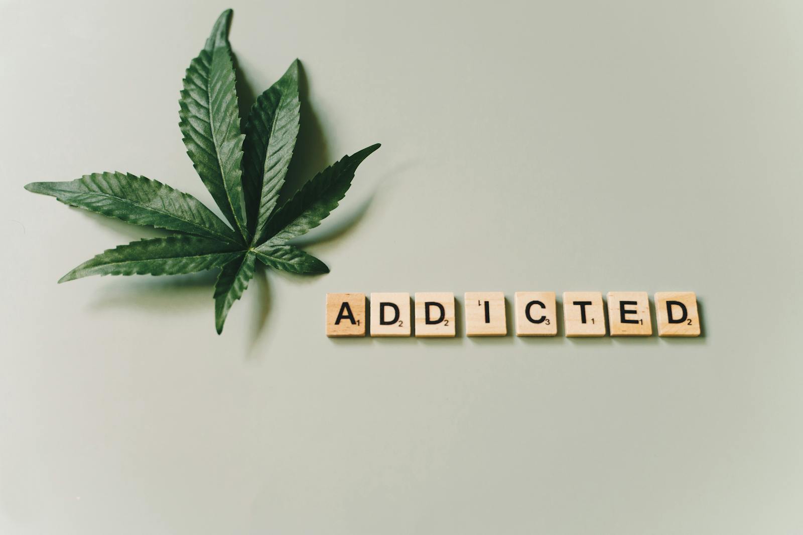 A cannabis leaf and wooden letter tiles spelling 'addicted' on a green surface.